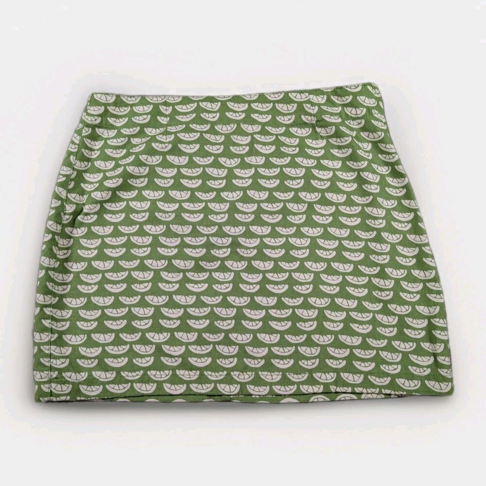Garnet Hill Mini Skirt Womens 10 Green Lime Slice Print Pockets Canvas Summer